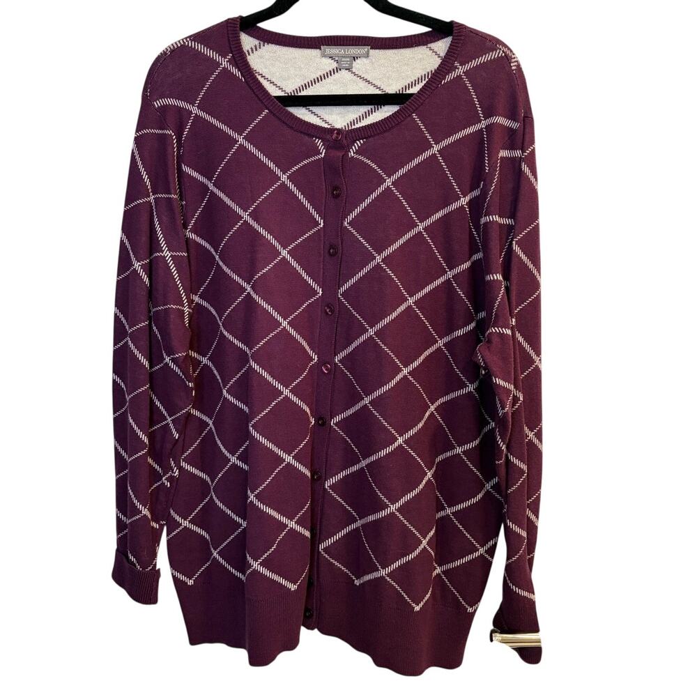 Jessica London Plum Purple Plaid Button Front Cardigan Sweater Plus Size 22 / 24